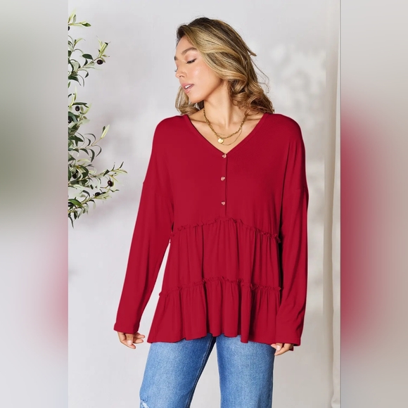Double Take Half Button Long Sleeve Ruffle Hem Blouse Plus Size Available - Picture 2 of 6